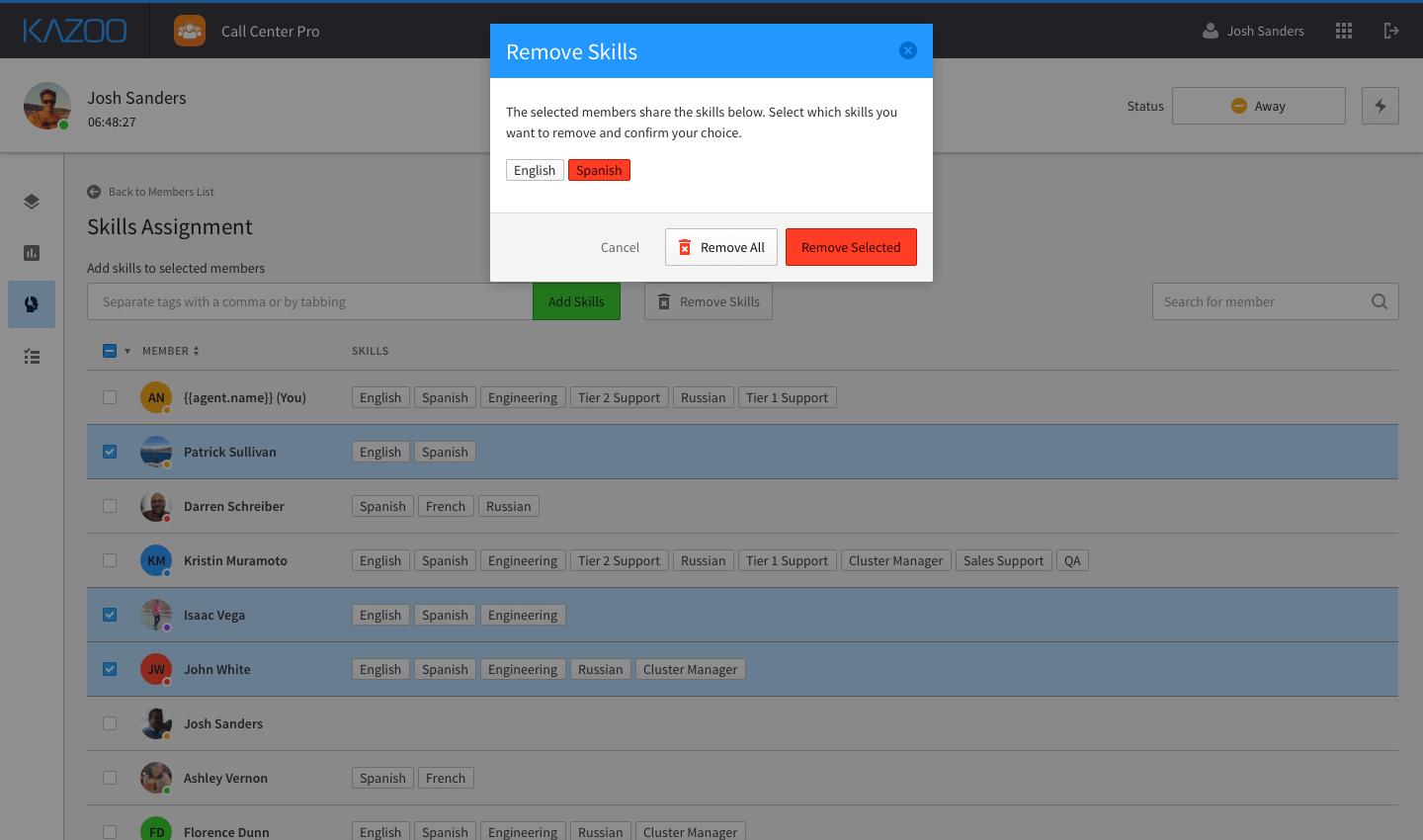 Removing skill tags from call center members